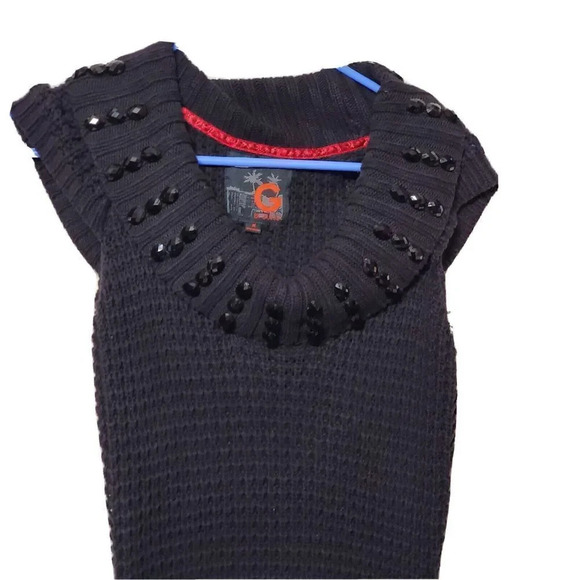 G By Guess Womens Sweater Dress Tunic Black M Cable Knit Beaded Cowl Neck - Picture 2 of 3